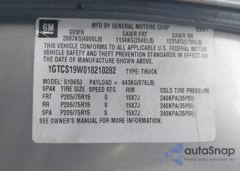 2001 GMC Sonoma Sls из США, поврежденный, VIN 1GTCS19W018210282